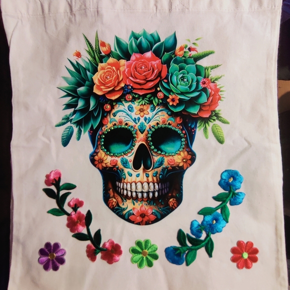 Colorful Skull and Floral Tote Bag - Picture 8 of 15